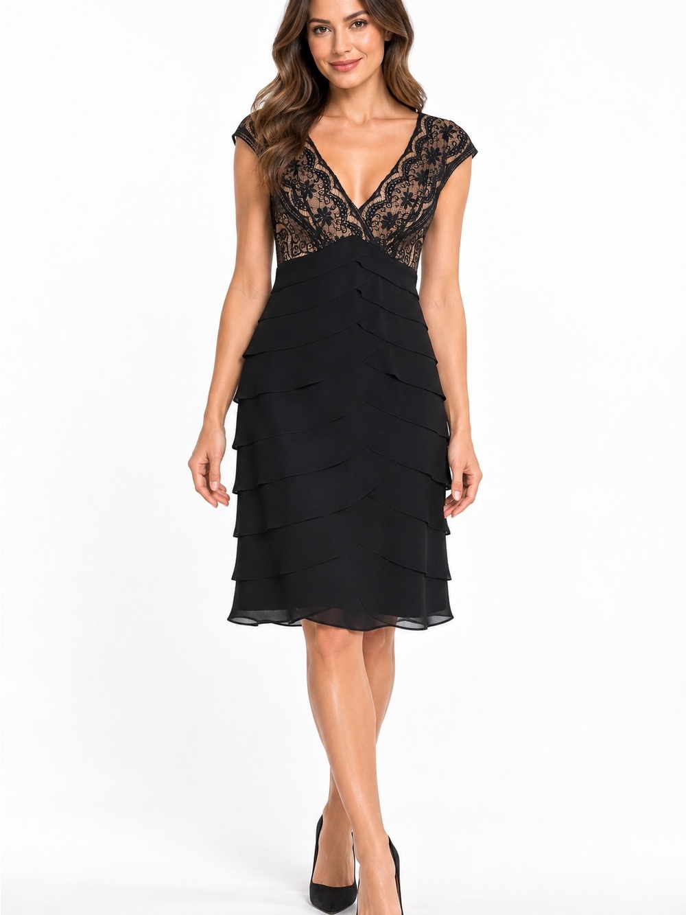 Adrianna Papell Black Lace Tiered Ruffle Cocktail Dress Size 6 Wedding Guest